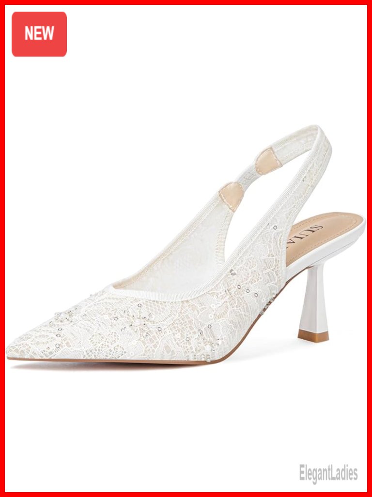 Slingback Kitten Heel Wedding Pumps Lace Mesh Pearl Pointed Toe Shoes